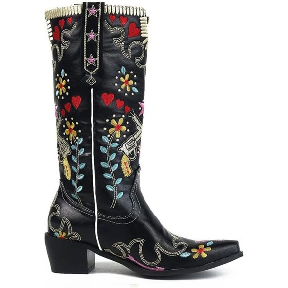Women's Black Floral Embroidered Cowgirl Boots Chunky Low Heels Pull On - Picture 6 of 6